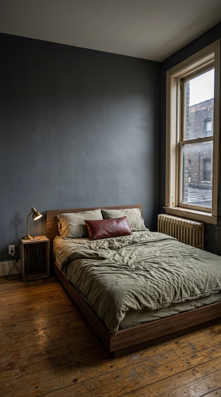 Grunge bedroom with desaturated charcoal walls, walnut bed and faded olive bedding