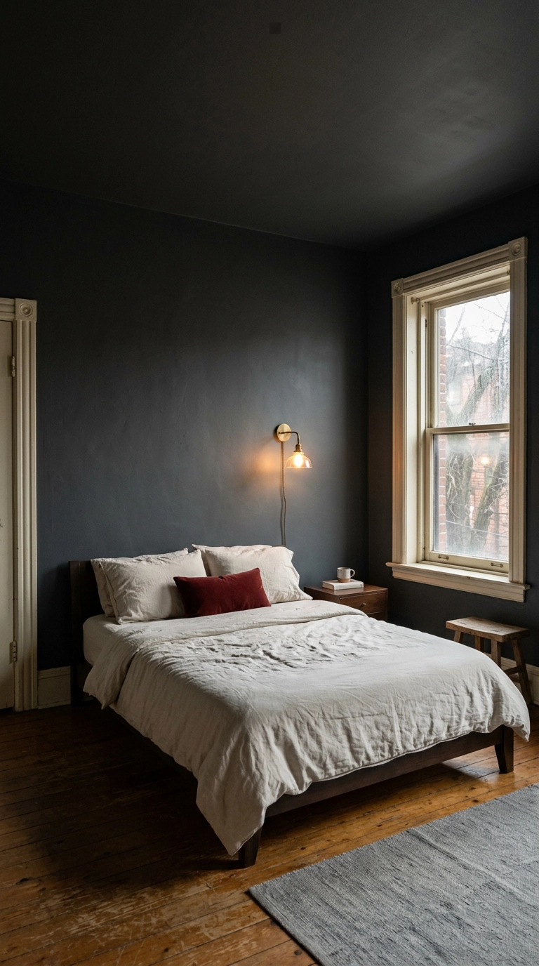Small bedroom color drenched in charcoal across walls and ceiling with cream trim