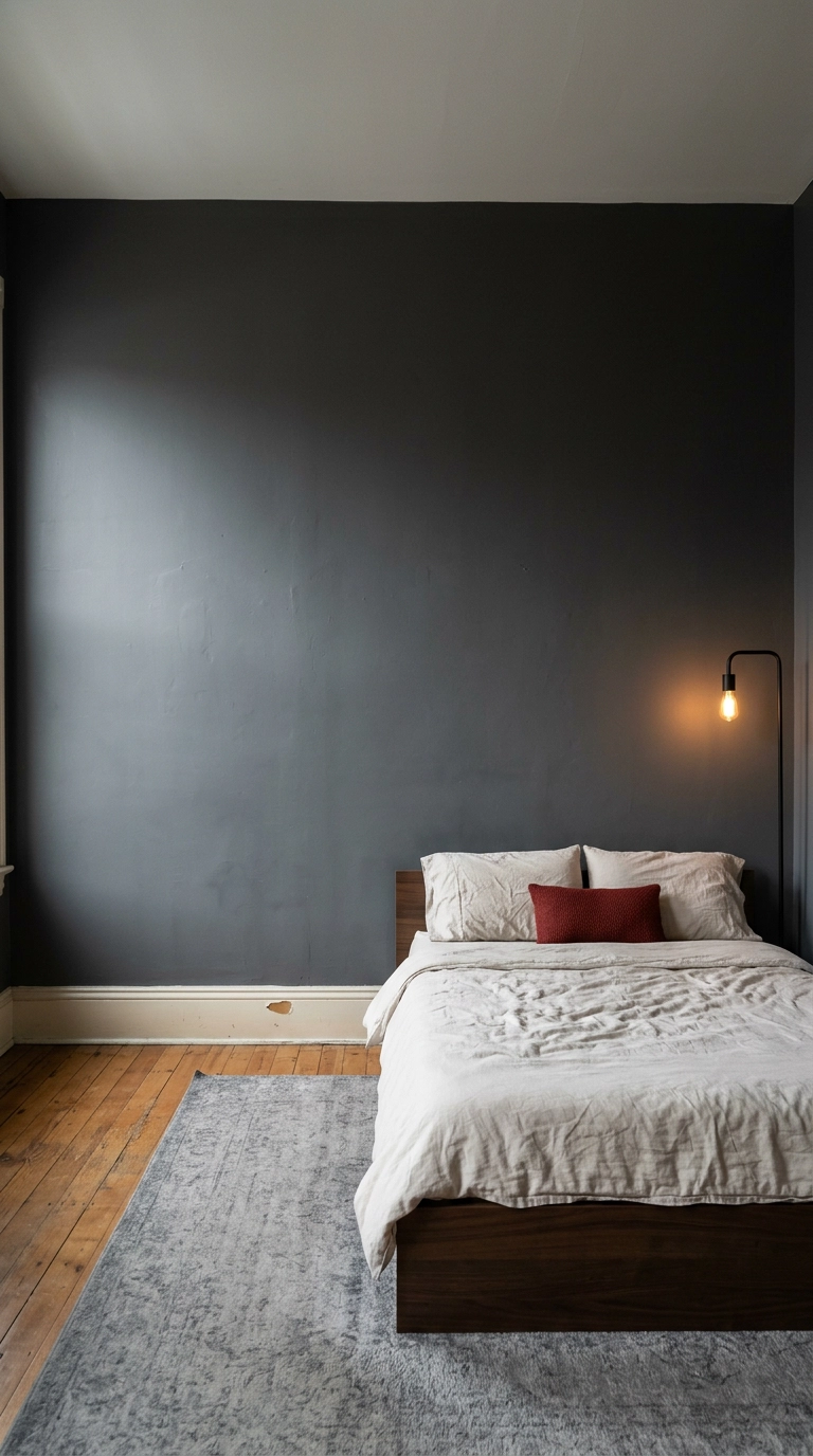 Bedroom with one deliberately bare charcoal wall and soft shadow gradient
