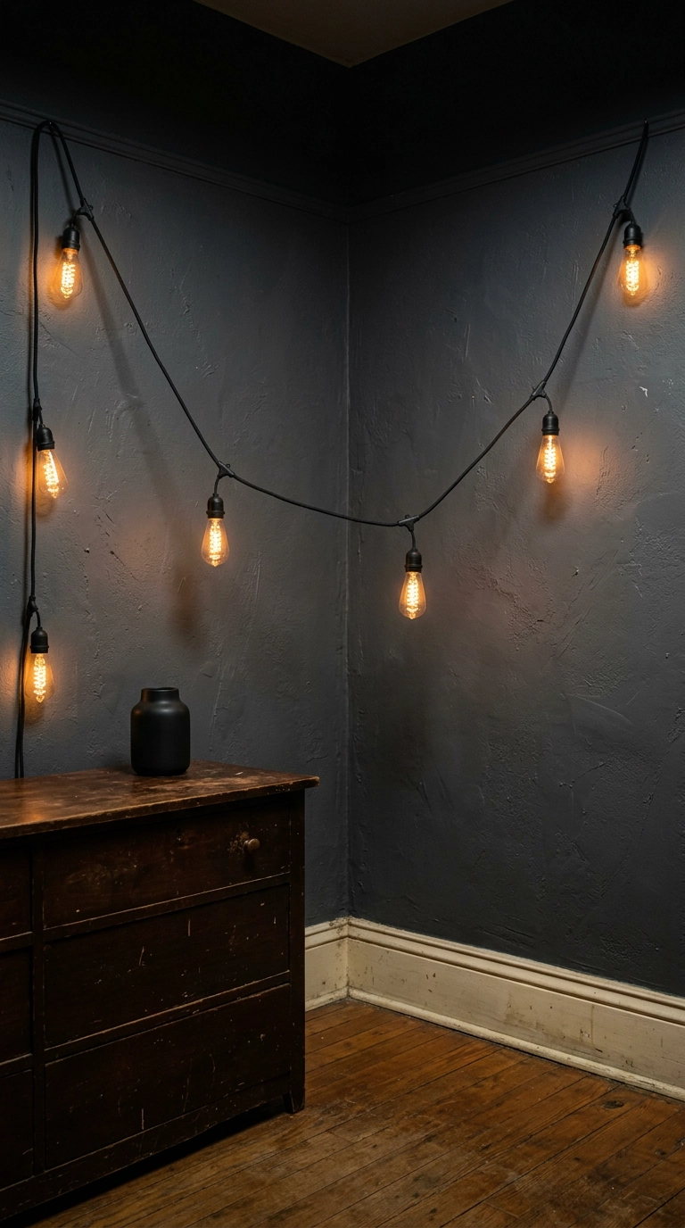 Single strand of bare warm filament bulbs swagged along a charcoal bedroom wall