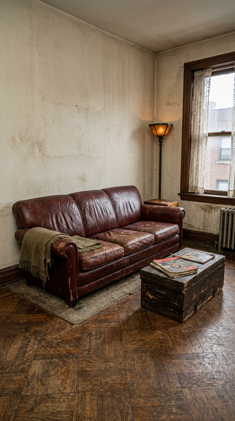 Living room with worn oxblood leather sofa angled off the wall on scratched parquet