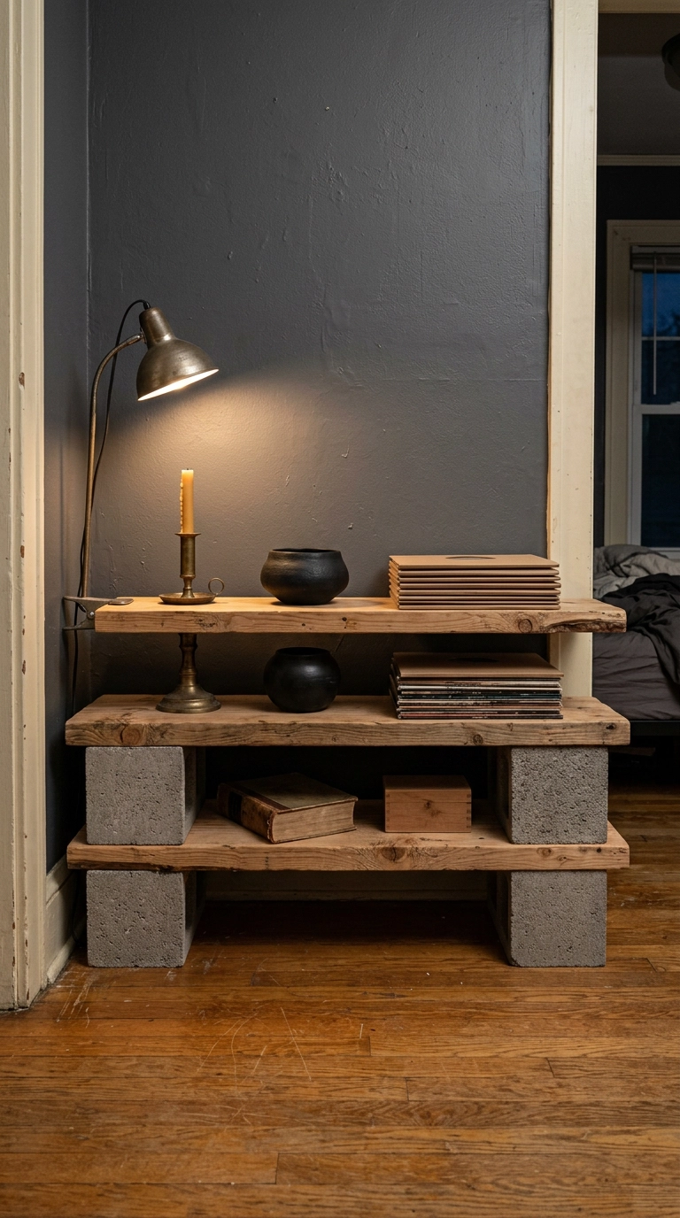 Raw pine plank and cinder block shelving styled with four large objects
