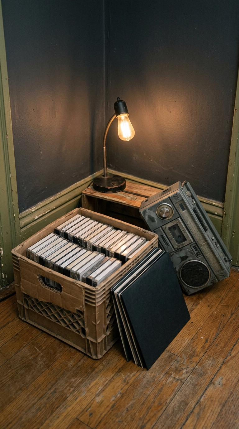 Milk crate of blank-label cassettes and a battered boombox in a corner vignette