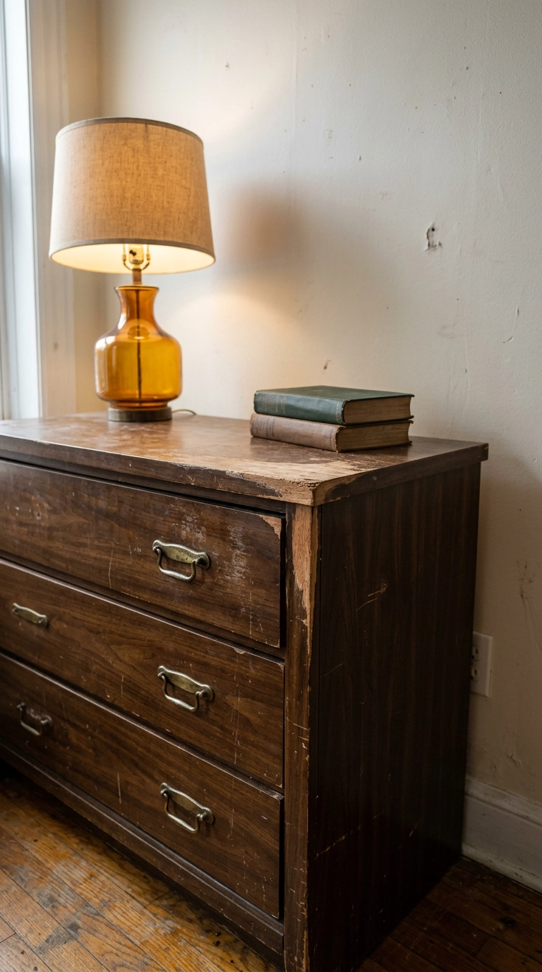 Worn 1970s walnut dresser with chipped veneer and tarnished mismatched brass pulls