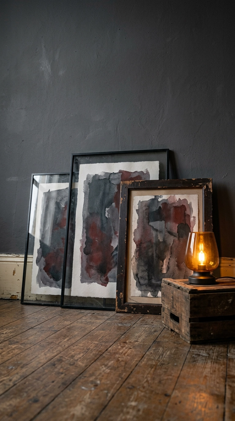 Three abstract framed pieces leaning against a charcoal wall on a worn floor