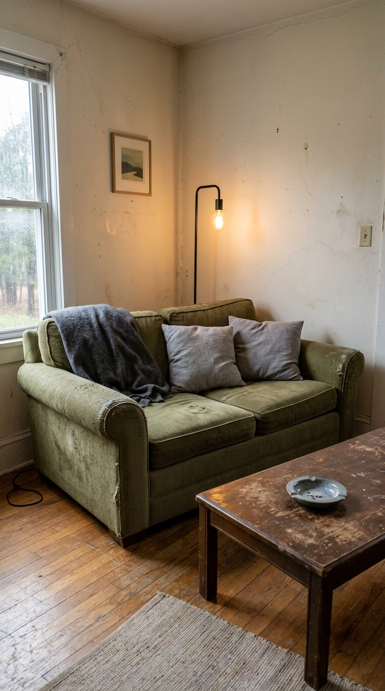 Faded olive corduroy sofa with worn arms against cracked dirty cream plaster