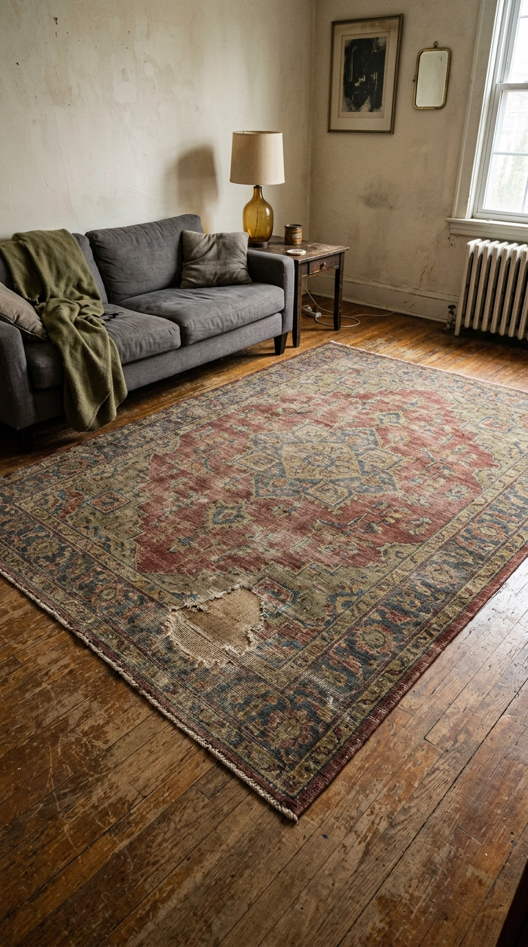 Faded oxblood and olive vintage rug layered over scratched oak floorboards
