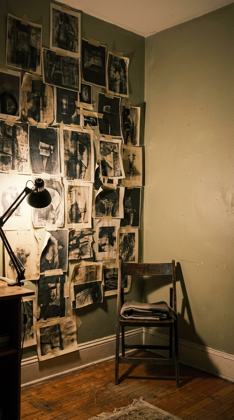 Bedroom wall densely layered with overlapping abstract paper prints and visible tape marks