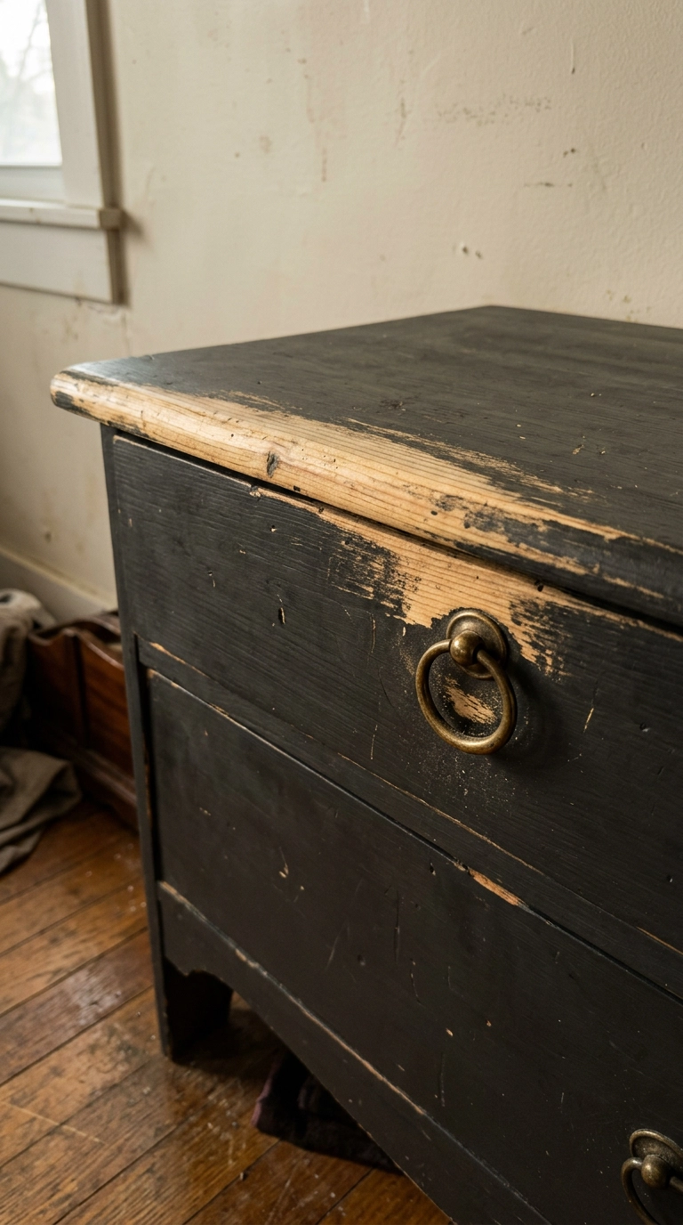 Charcoal painted drawer front hand-sanded through to raw pine along the top edge