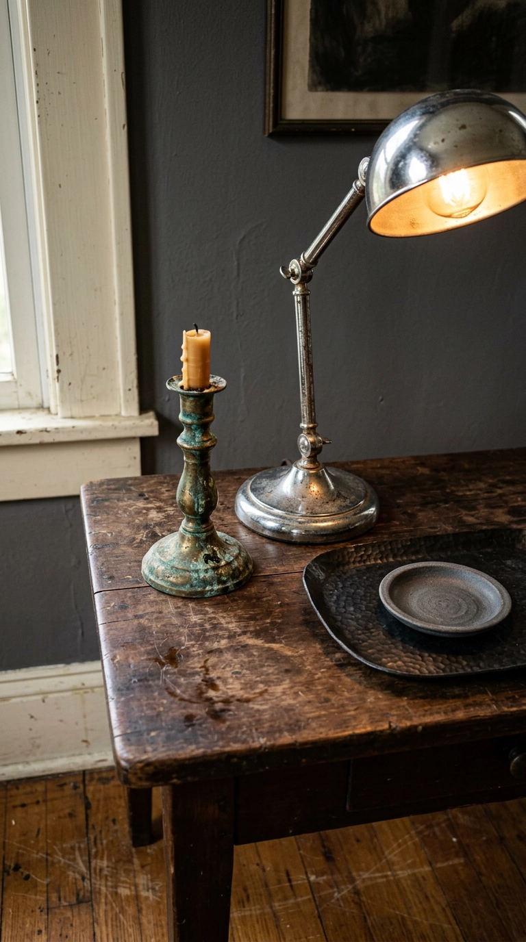 Tarnished brass candlestick, scratched chrome lamp and blackened iron tray vignette