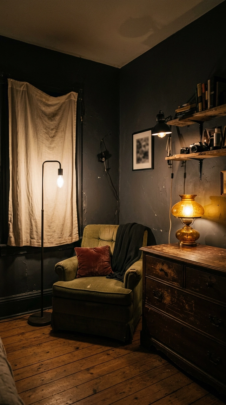 Dark grunge bedroom corner lit only by low warm lamps at table and floor height