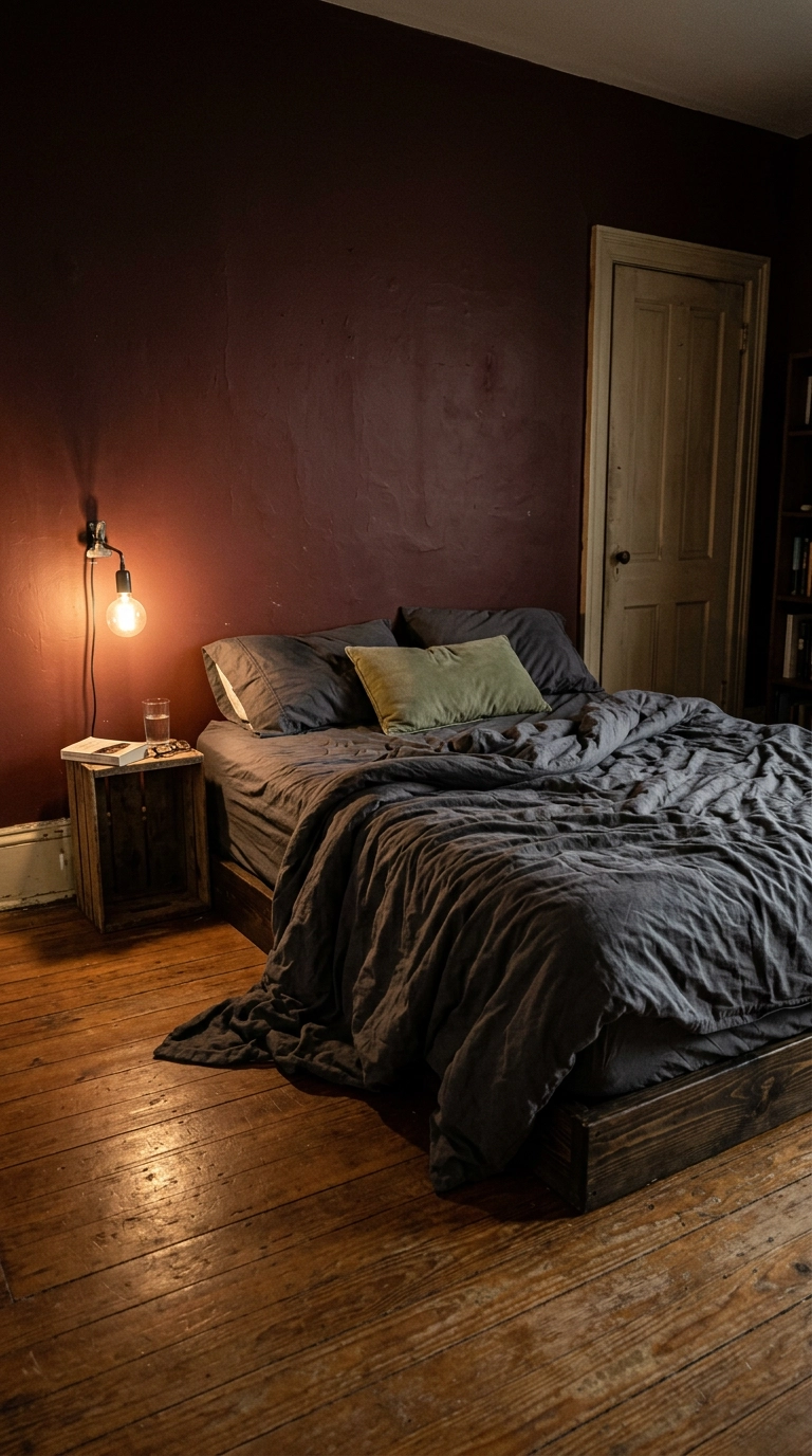 Low platform mattress with charcoal bedding against an oxblood wall