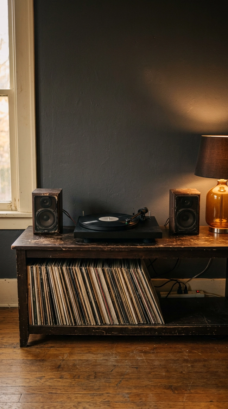Matte black turntable and worn wood speakers on a battered console with vinyl below