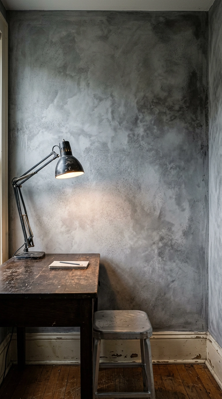Mottled grey limewash wall with concrete effect lit by a raking desk lamp