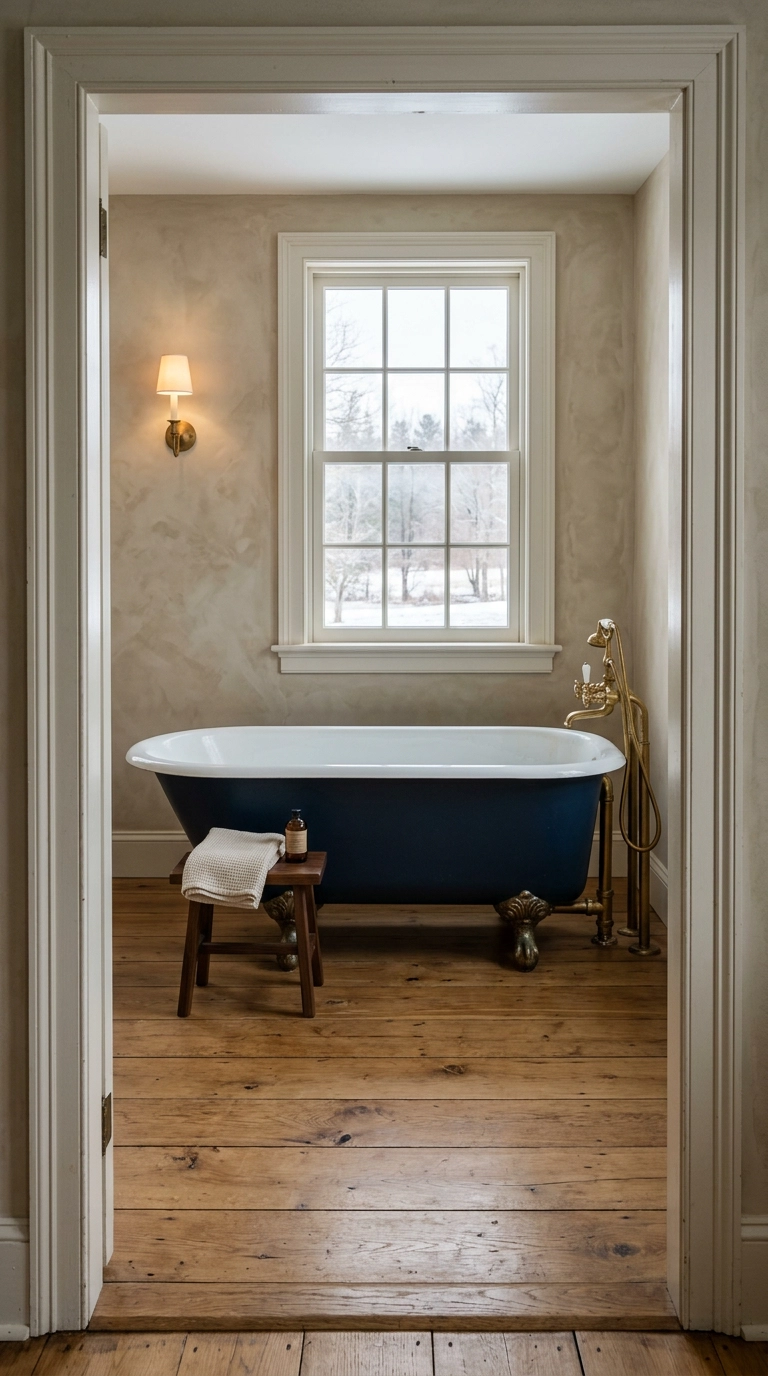 Clawfoot tub painted deep navy on the outside with aged brass filler in a plaster-walled bathroom