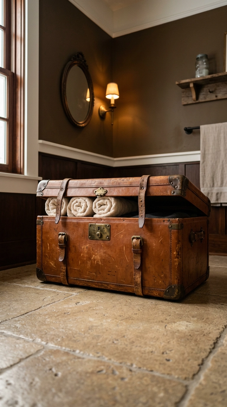 Antique cognac leather steamer trunk with brass corners holding rolled towels in a bathroom