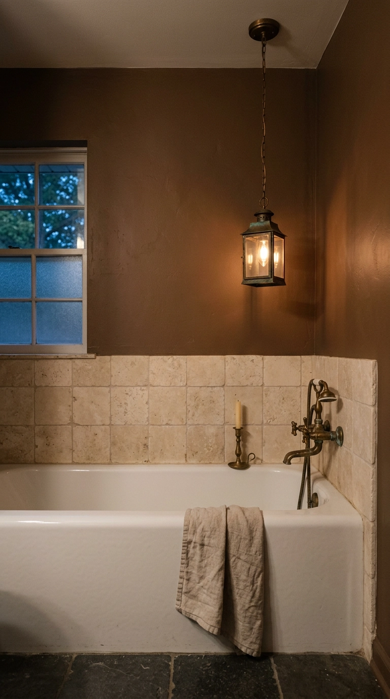 Small aged bronze lantern pendant hanging over a stone-tiled alcove bathtub on a tobacco-brown wall