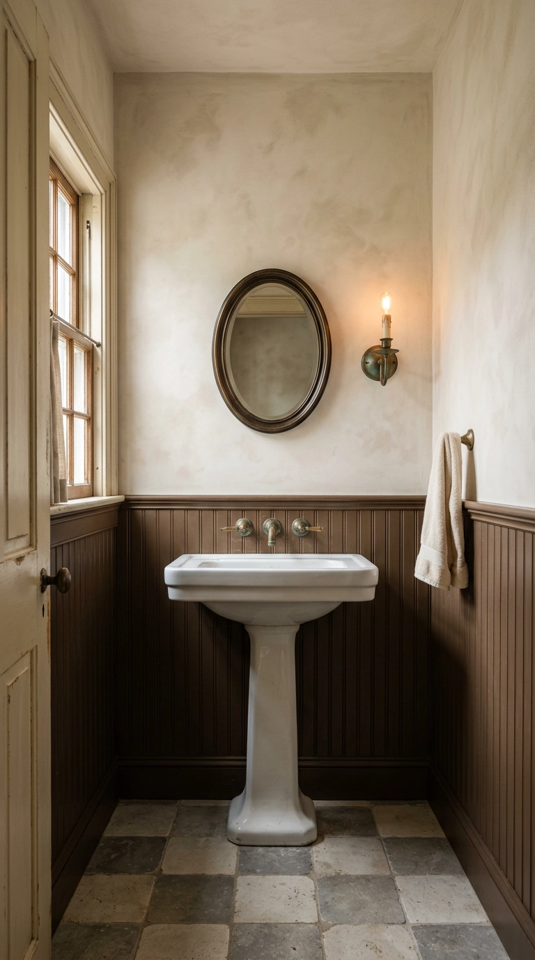Dark bronze beadboard wainscoting below chalky oatmeal limewash walls in a small bathroom