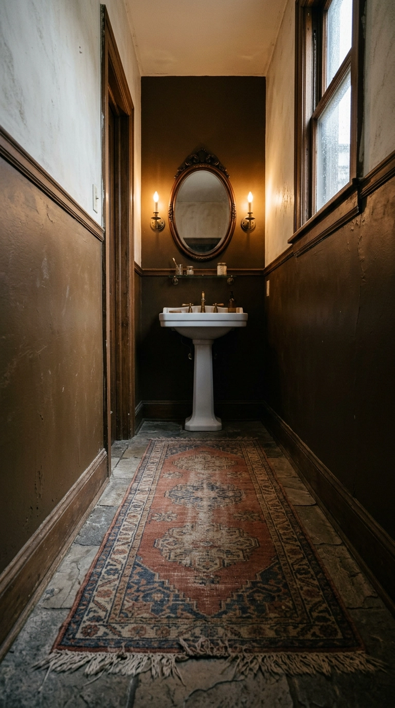 Faded rust and indigo Persian-style runner rug on stone tile in a narrow dark bathroom