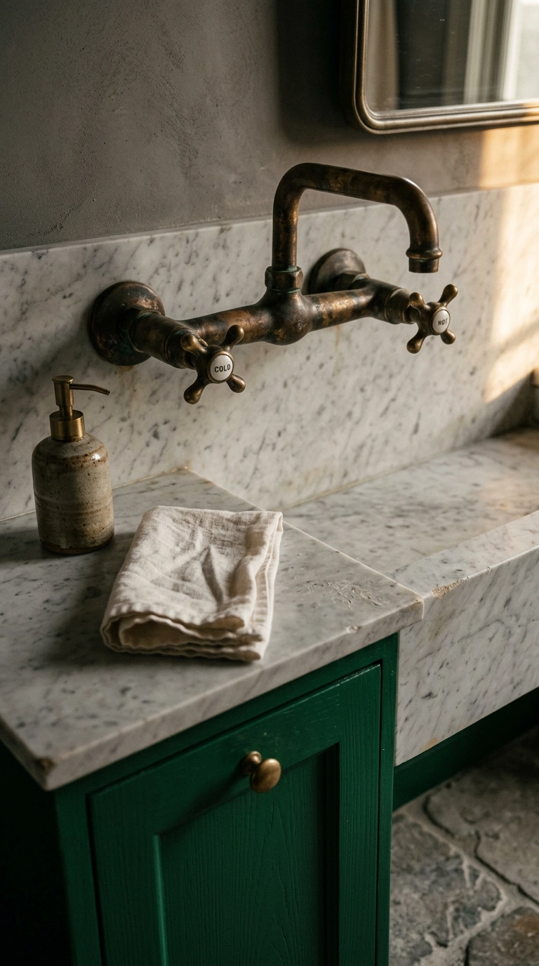 Unlacquered antique brass bathroom faucet on marble counter above an emerald green vanity