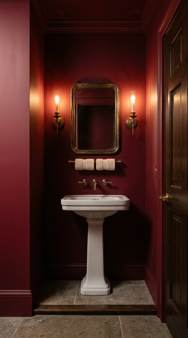 Small powder room color drenched in deep crimson paint with antique brass sconces and mirror