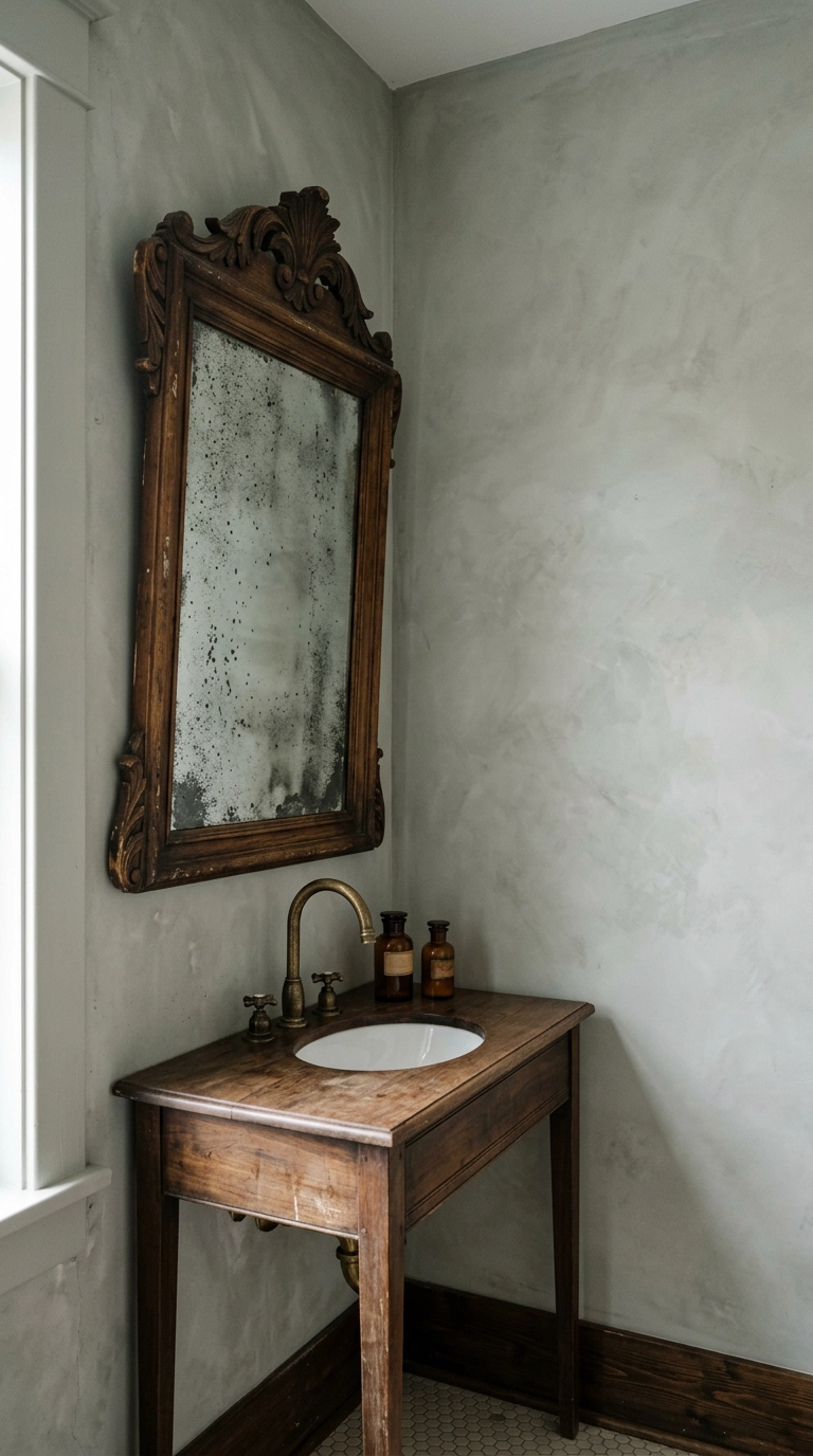 Antique foxed mirror in a carved dark wood frame above a walnut bathroom vanity