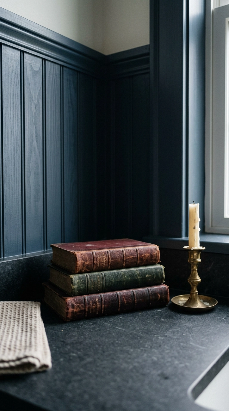 Stack of worn leather books and a brass candlestick on a dark bathroom vanity counter