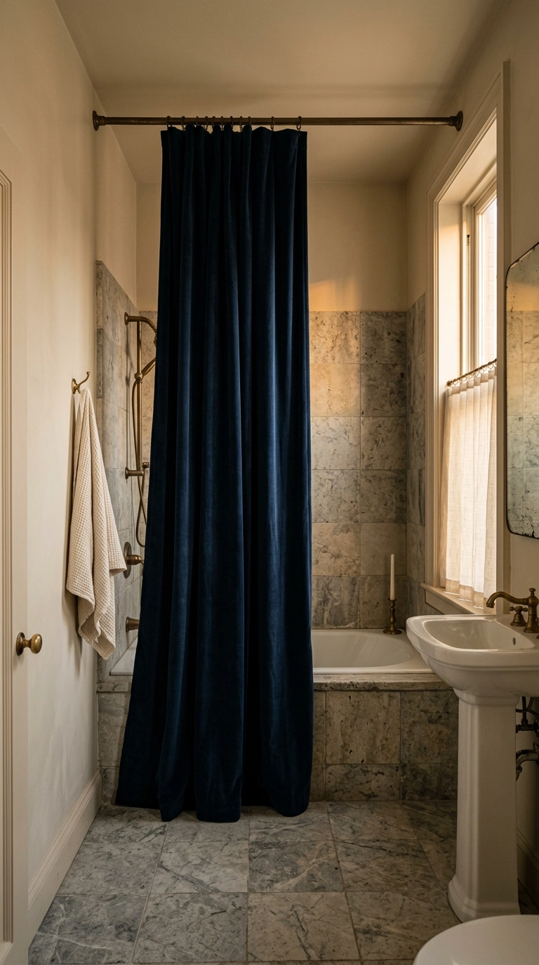 Deep navy velvet floor-to-ceiling shower curtain panel on a bronze rod in a bathroom