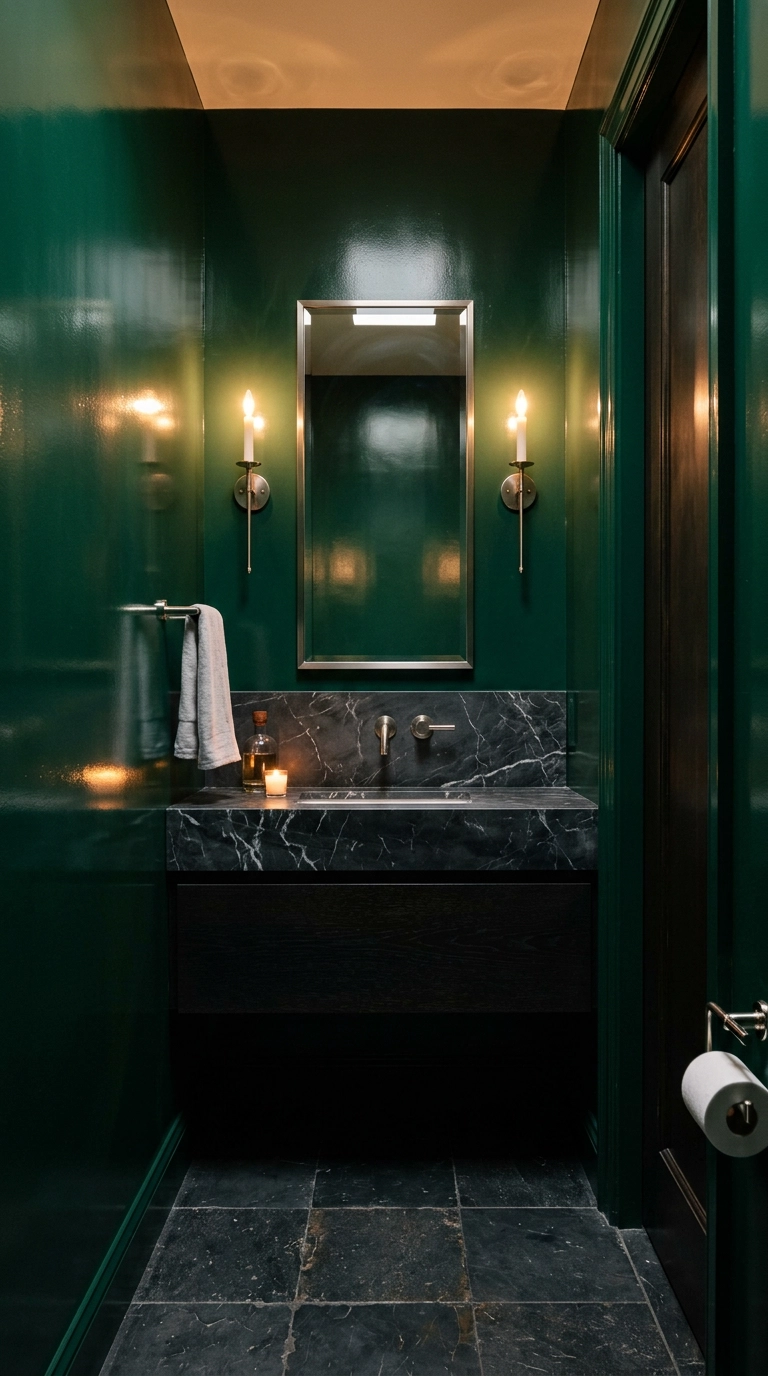 Windowless powder room in high-gloss emerald green with polished nickel fixtures and dark marble