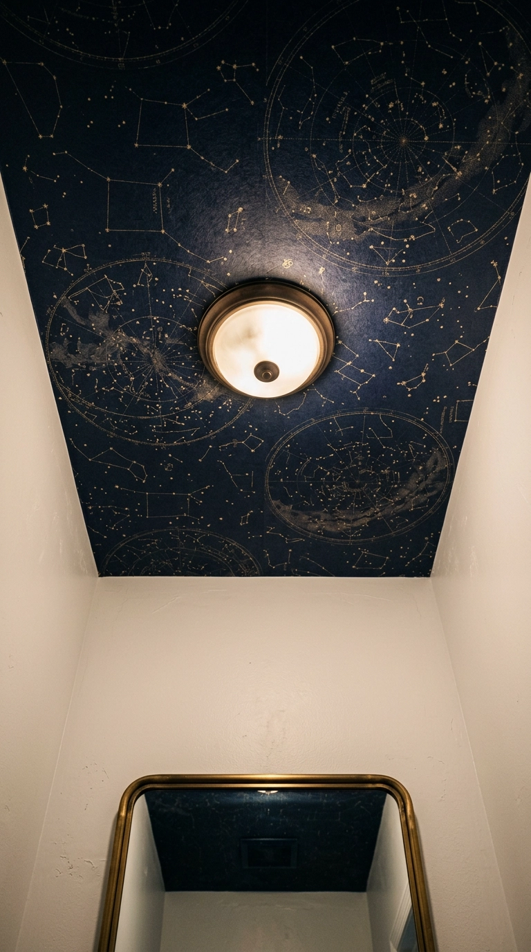 Bathroom ceiling papered in navy star chart wallpaper above bone-white walls
