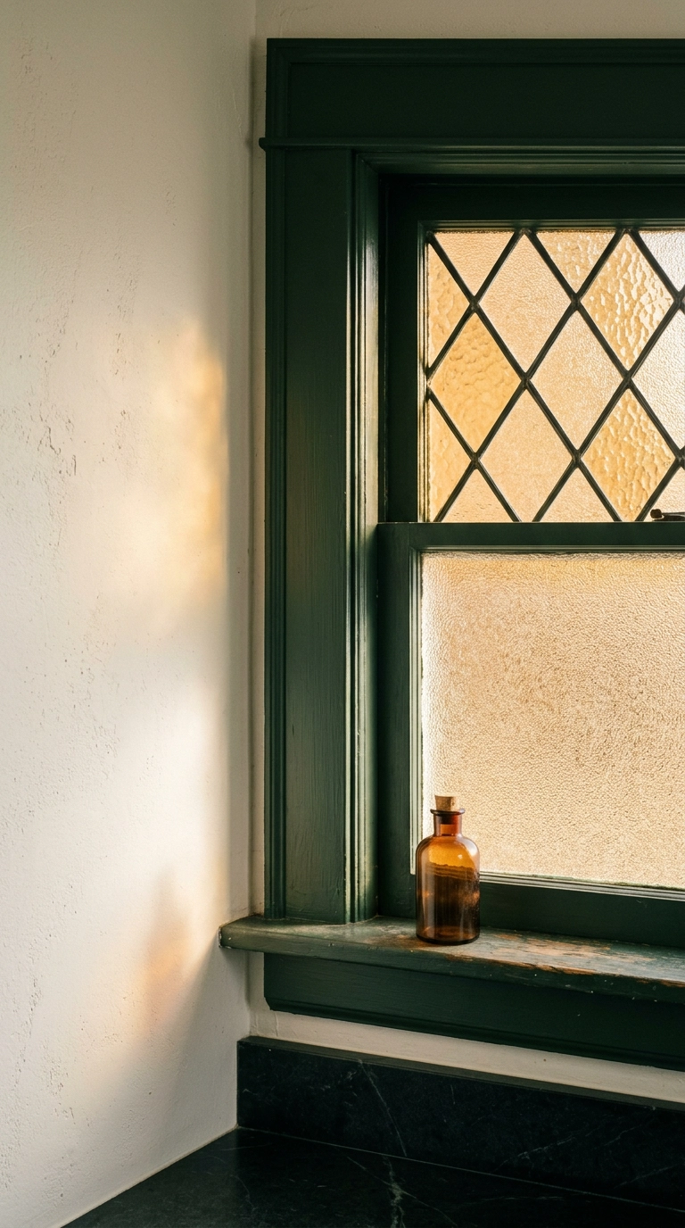 Bathroom window covered in amber cathedral glass film casting warm light onto a bone plaster wall