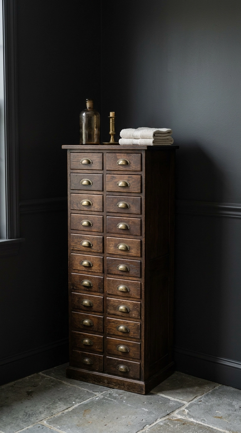 Tall dark oak apothecary cabinet with small brass-pulled drawers in a charcoal bathroom
