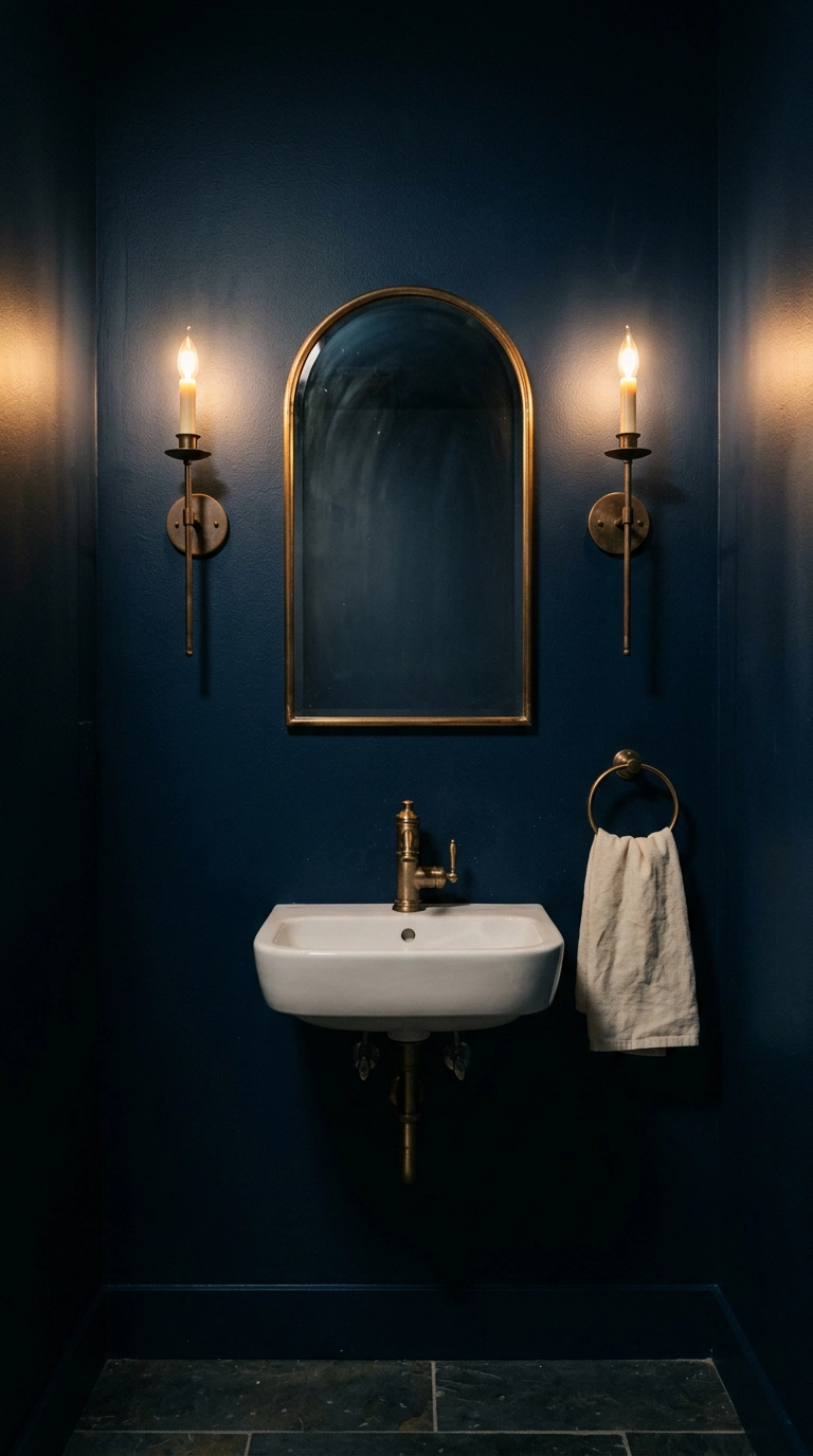 Two candle-style bronze sconces flanking an arched mirror on a deep navy bathroom wall