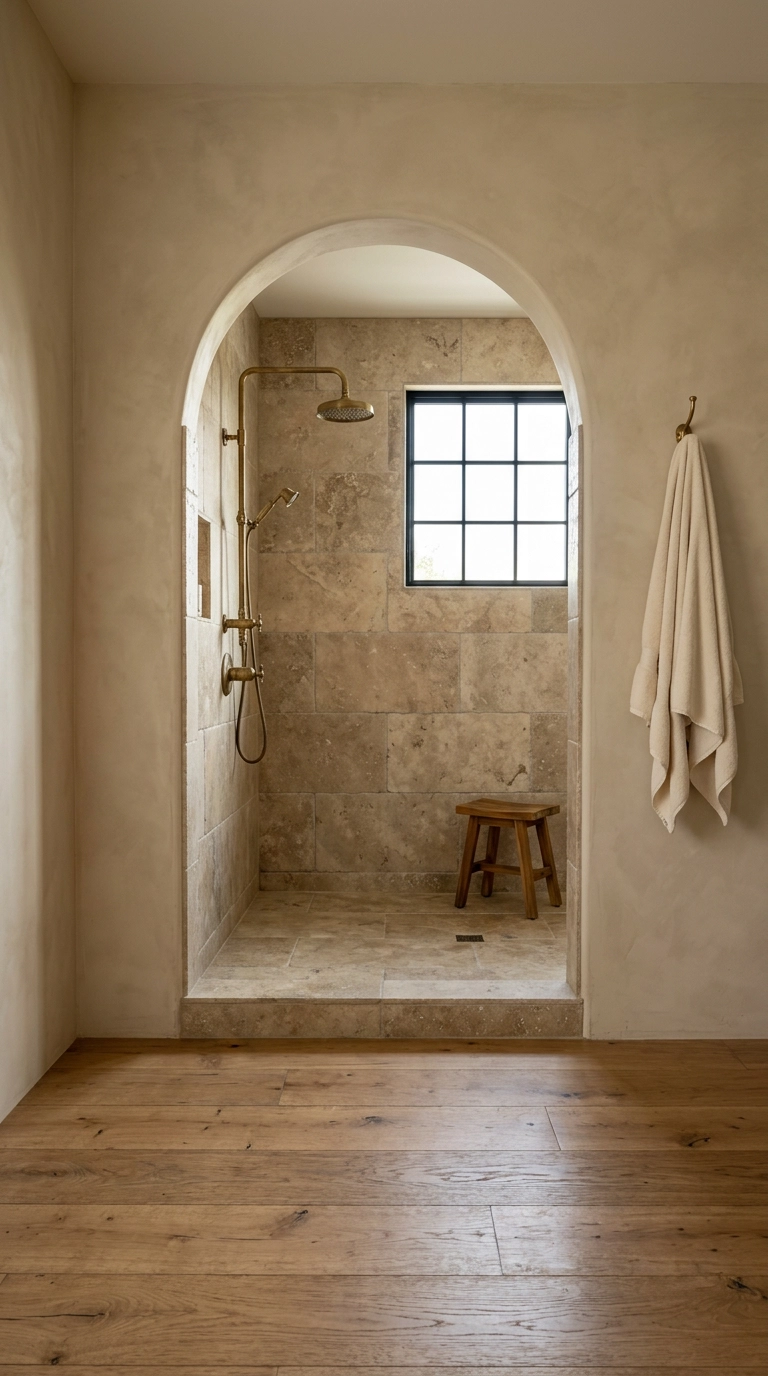 Arched drywall opening framing a stone-tiled walk-in shower with aged brass fixtures