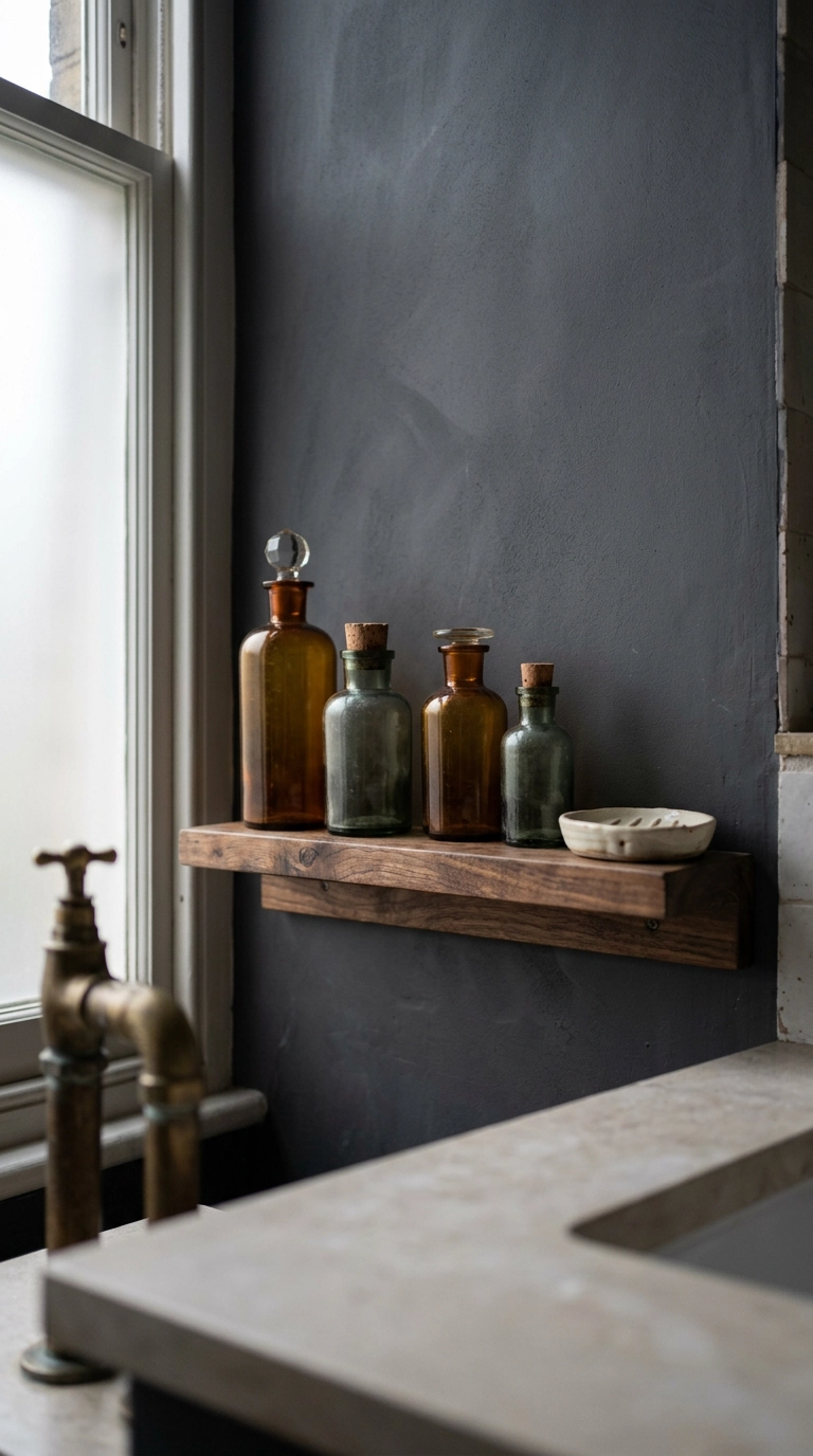 Amber and green apothecary bottles styled on a walnut bathroom shelf against a charcoal wall