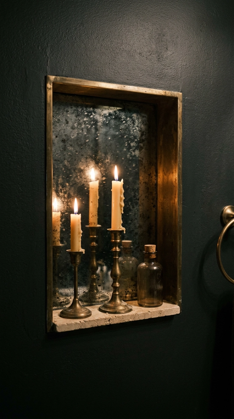 Recessed bathroom niche backed in cloudy antique mirror holding three lit brass candlesticks
