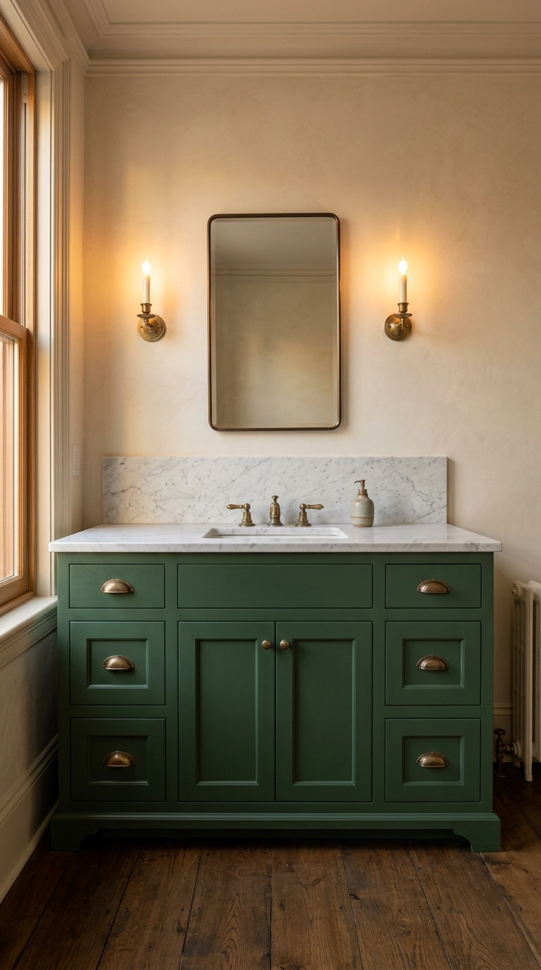 Deep forest green bathroom vanity with honed marble top and antique brass hardware