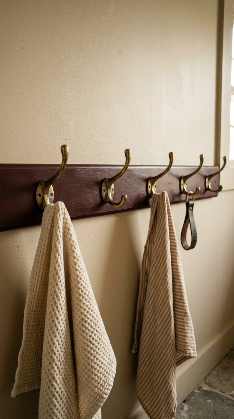 Row of aged brass hooks on a dark oxblood peg rail holding cream and tan bathroom towels