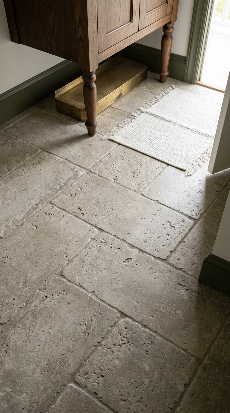 Worn limestone-look porcelain floor tile in a small bathroom with a dark oak vanity