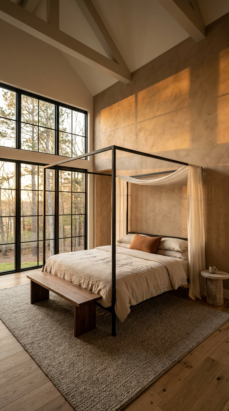 Tall black metal canopy bed framing a sleeping zone under a sixteen-foot ceiling
