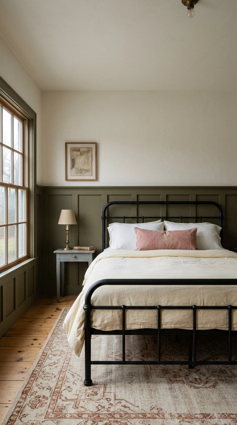 Olive board and batten molding rising eight feet up a thirteen-foot bedroom wall