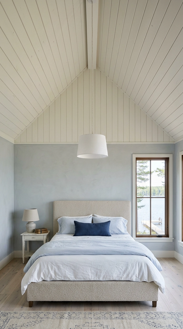 Vaulted fifteen-foot bedroom ceiling clad in soft white shiplap planks