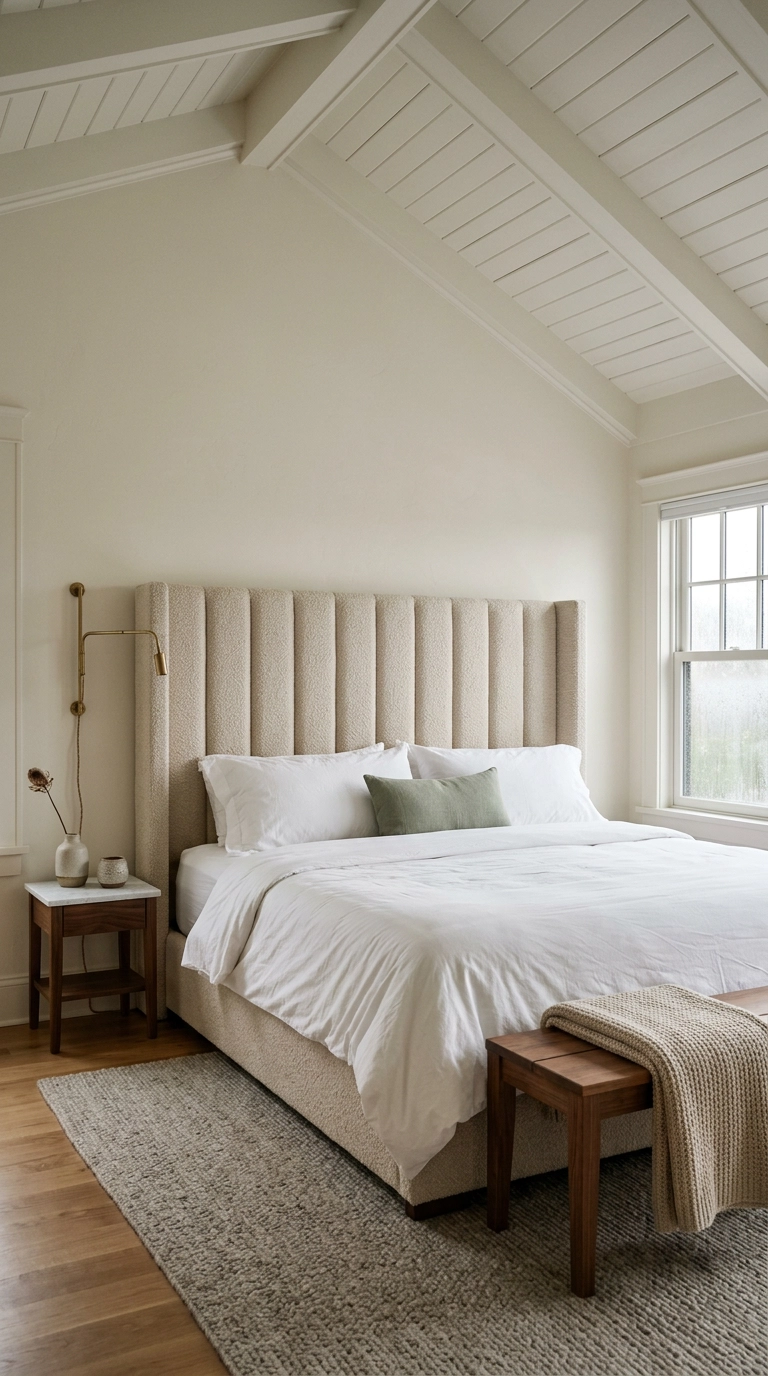Extra-tall boucle headboard anchoring a bed under a vaulted thirteen-foot ceiling