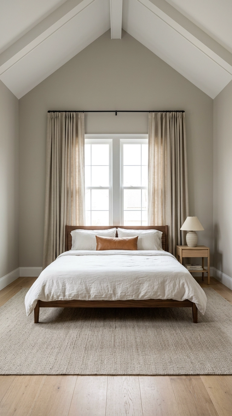 High ceiling bedroom with floor-to-ceiling linen curtains hung at the ceiling line