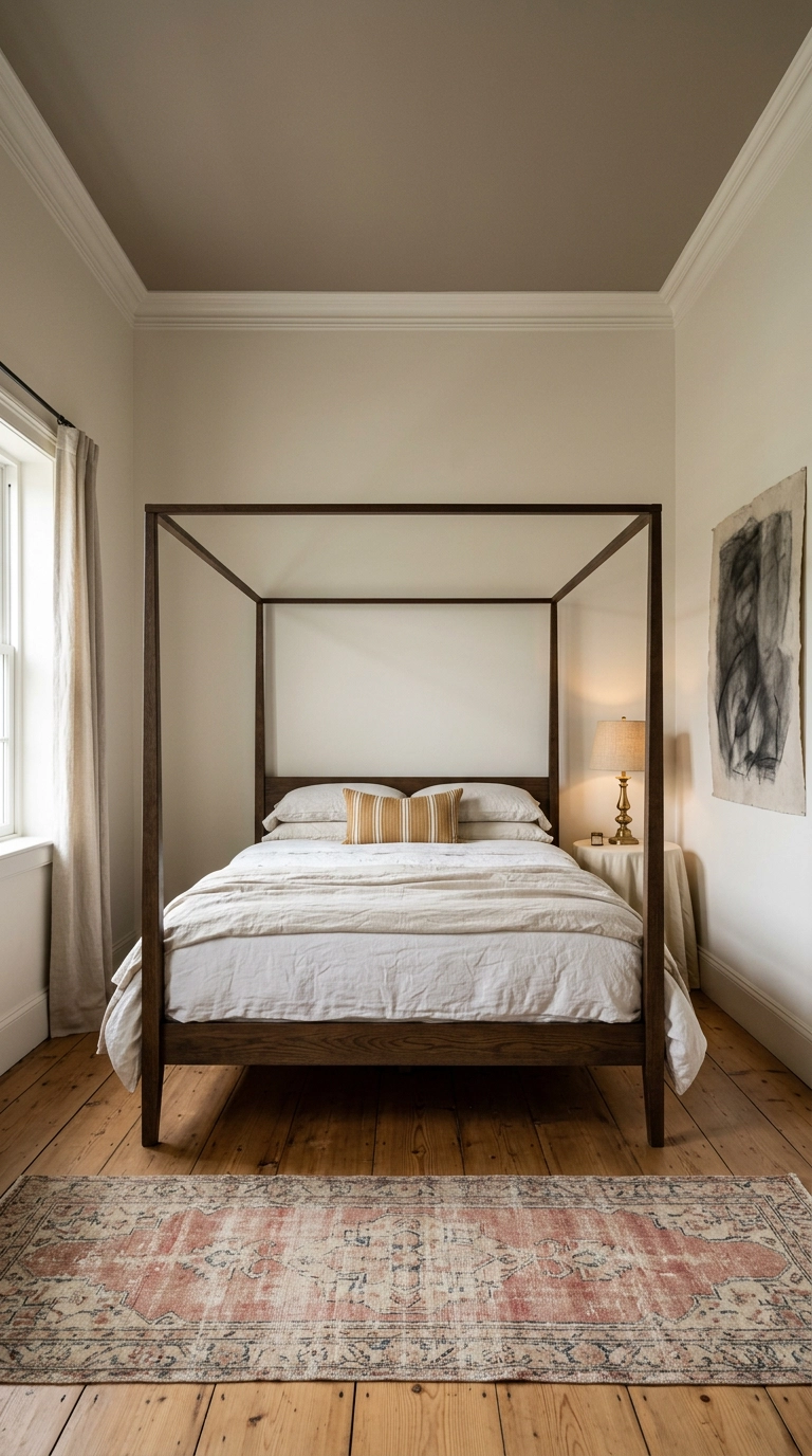 Bedroom with bone white walls and a darker taupe painted ceiling twelve feet up