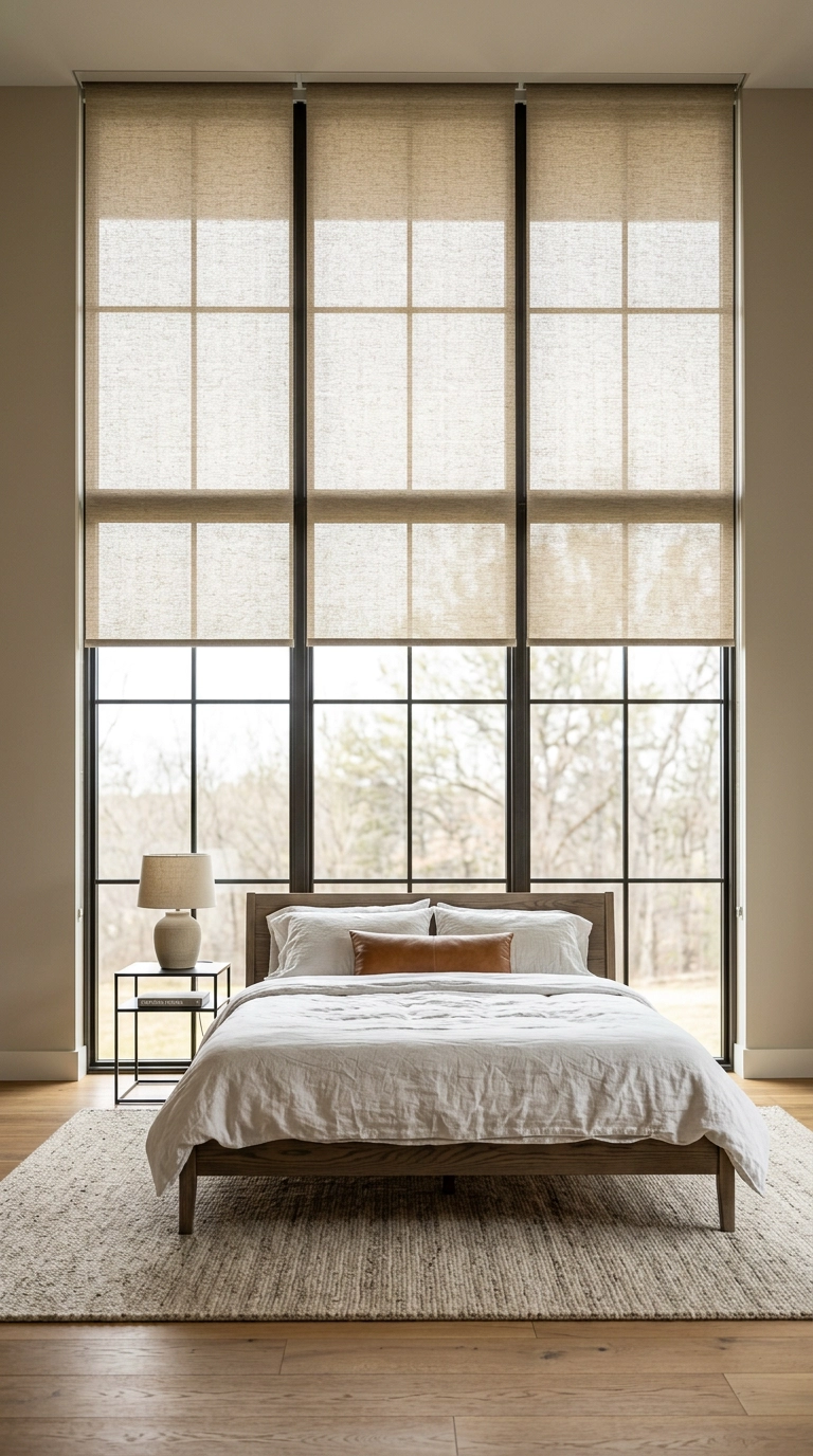 Motorized woven roller shades on a seventeen-foot double-height bedroom window wall