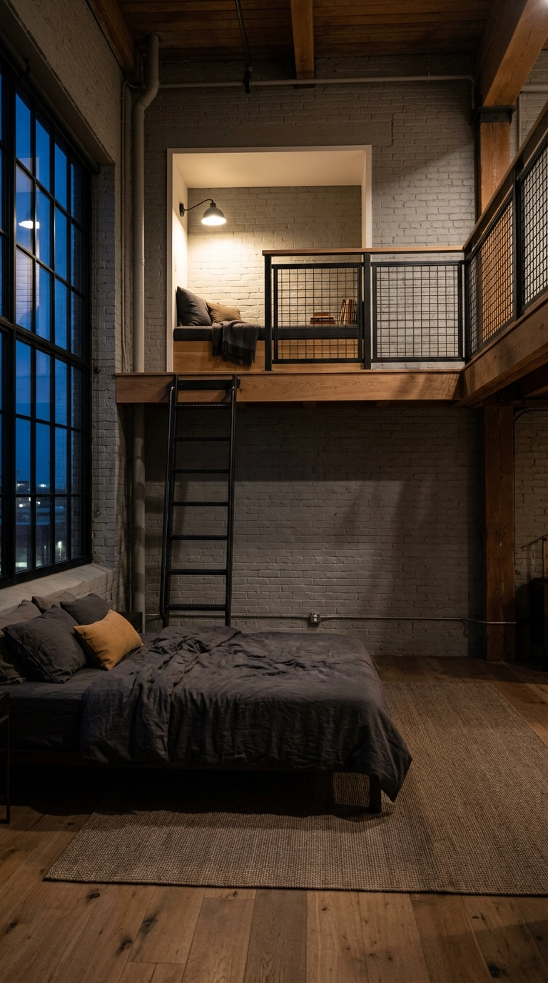 Mezzanine reading nook built ten feet up in an eighteen-foot loft bedroom