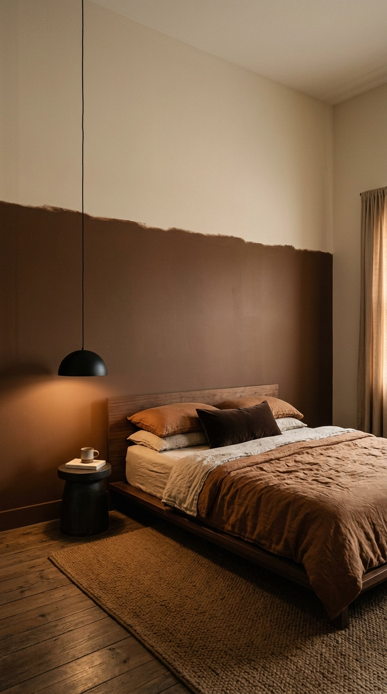 Two-tone bedroom wall in clay brown and bone white with the color line at seven feet