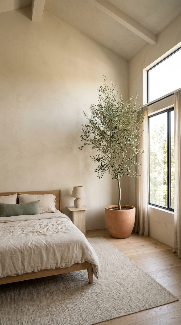 Single nine-foot olive tree in a terracotta pot in a fifteen-foot vaulted bedroom corner