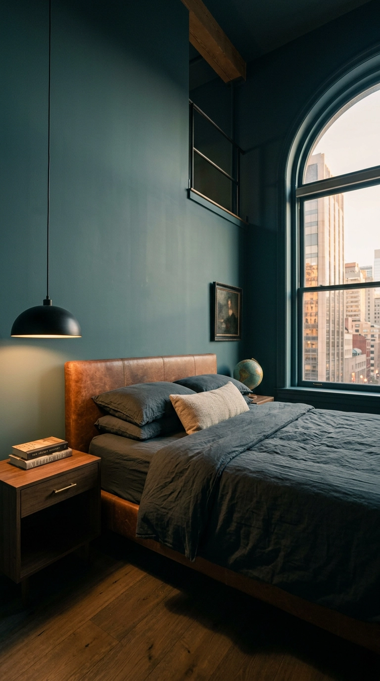 Double-height bedroom with walls and ceiling color drenched in deep teal